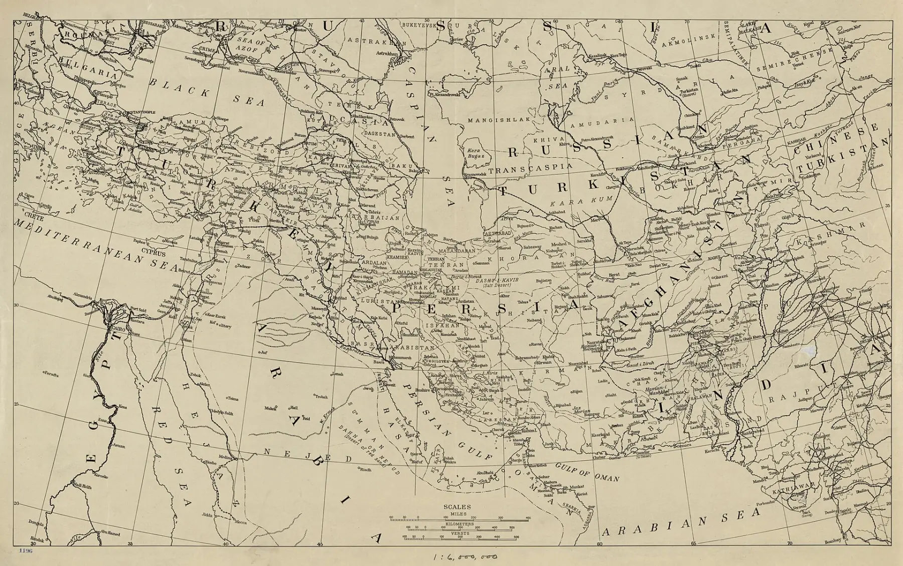 Historic cartographic map of the Middle East